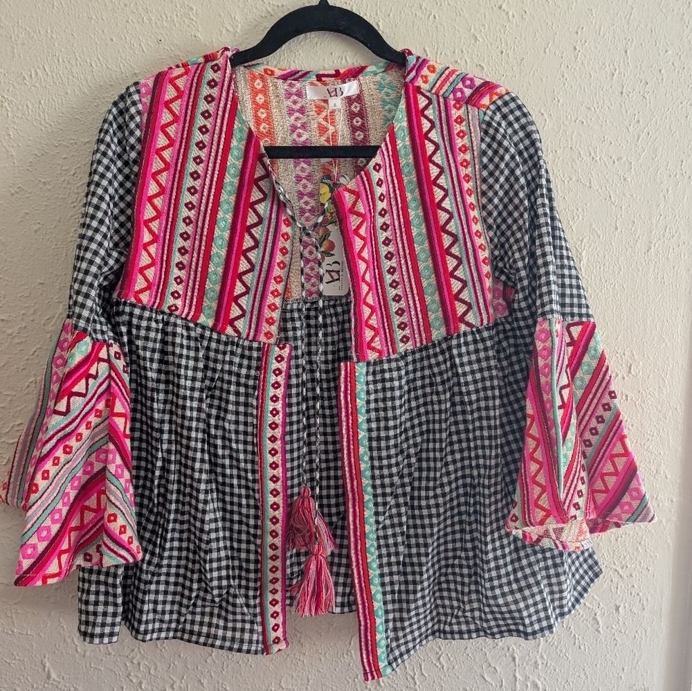 NWT American & Beyond Pink Gingham Checkered Jacket With Bright Embroidery
